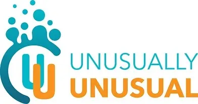A blue and orange logo for unusually unusual