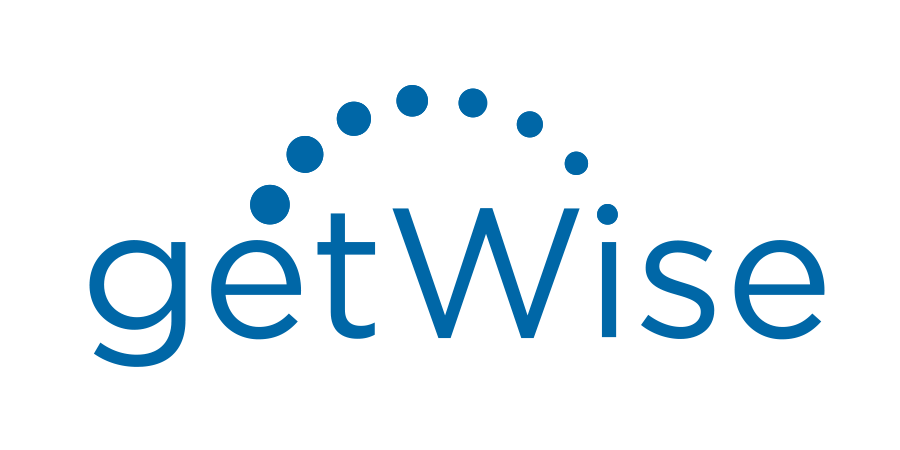 The getwise logo is blue and white and looks like a sun.