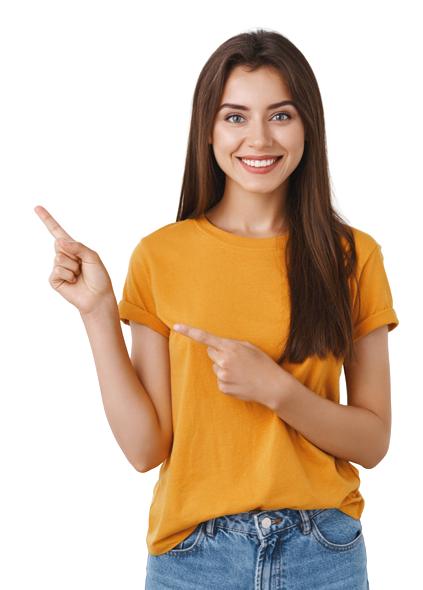 A woman in a yellow shirt is pointing to the side.