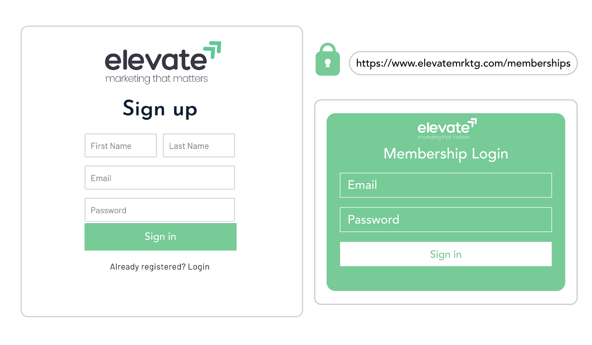 A screenshot of a sign up page and a screenshot of a membership login page.