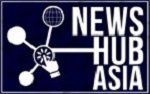 A logo for the news hub asia with a globe and a hand.