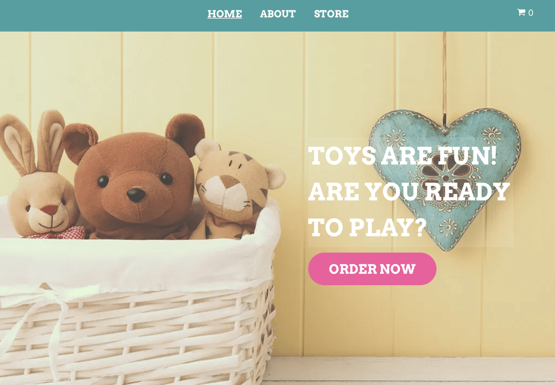 A basket filled with stuffed animals and a heart hanging on a wall.