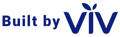 A blue and white logo for built by viv