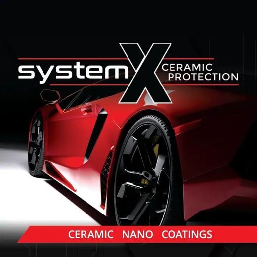 Red sports car with System X ceramic protection and ceramic nano coatings branding on a black background