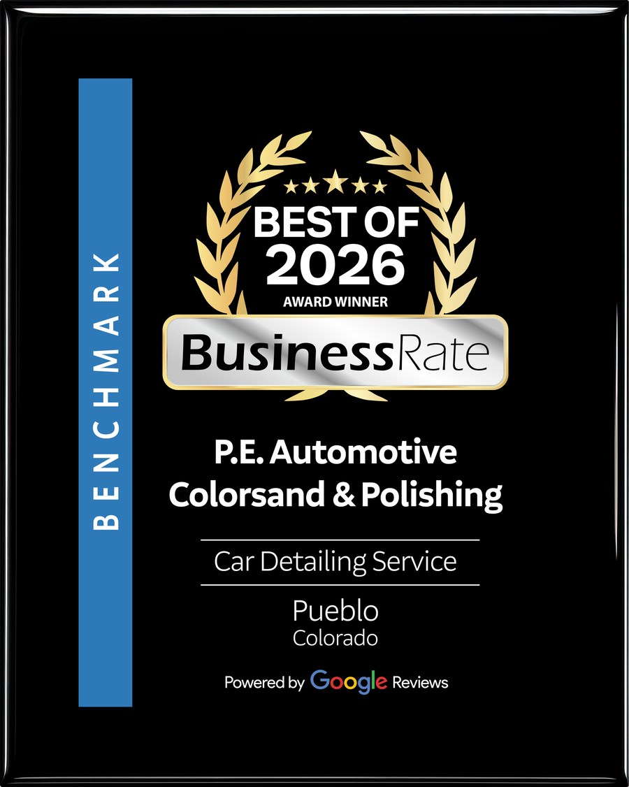 A BusinessRate Best of 2026 award plaque for P.E. Automotive Colorsand & Polishing in Pueblo, Colorado.