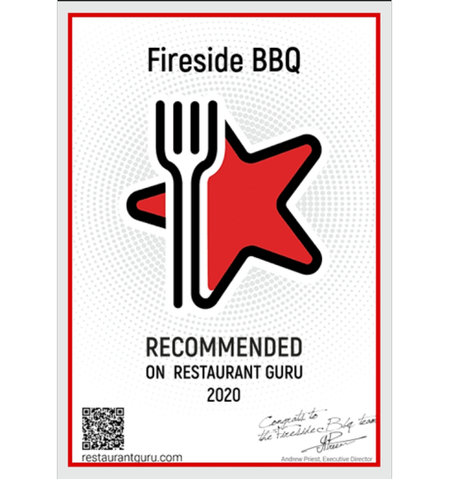 A sign that says fireside bbq recommended on restaurant guru