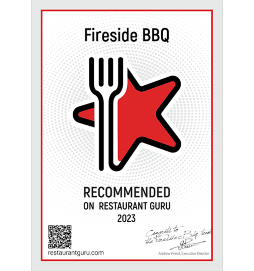 A sign that says fireside bbq recommended on restaurant guru