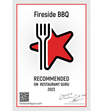A sign that says fireside bbq recommended on restaurant guru