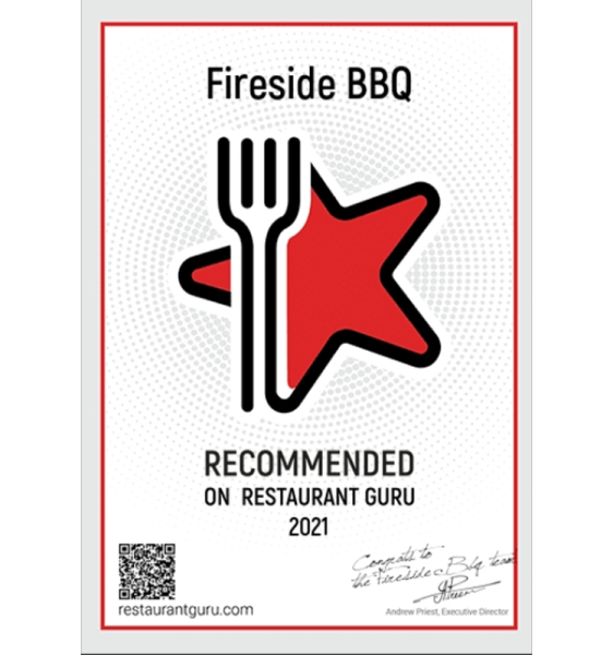 A sign that says fireside bbq recommended on restaurant guru