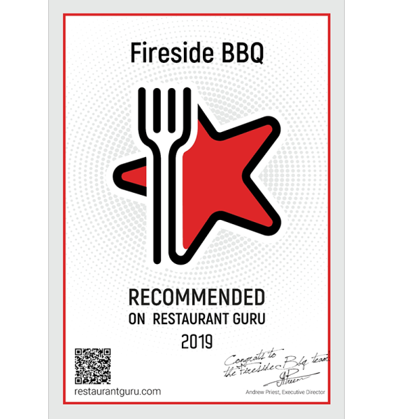 A sign that says fireside bbq recommended on restaurant guru