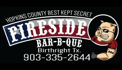 A logo for fireside bar-b-que in birthright texas
