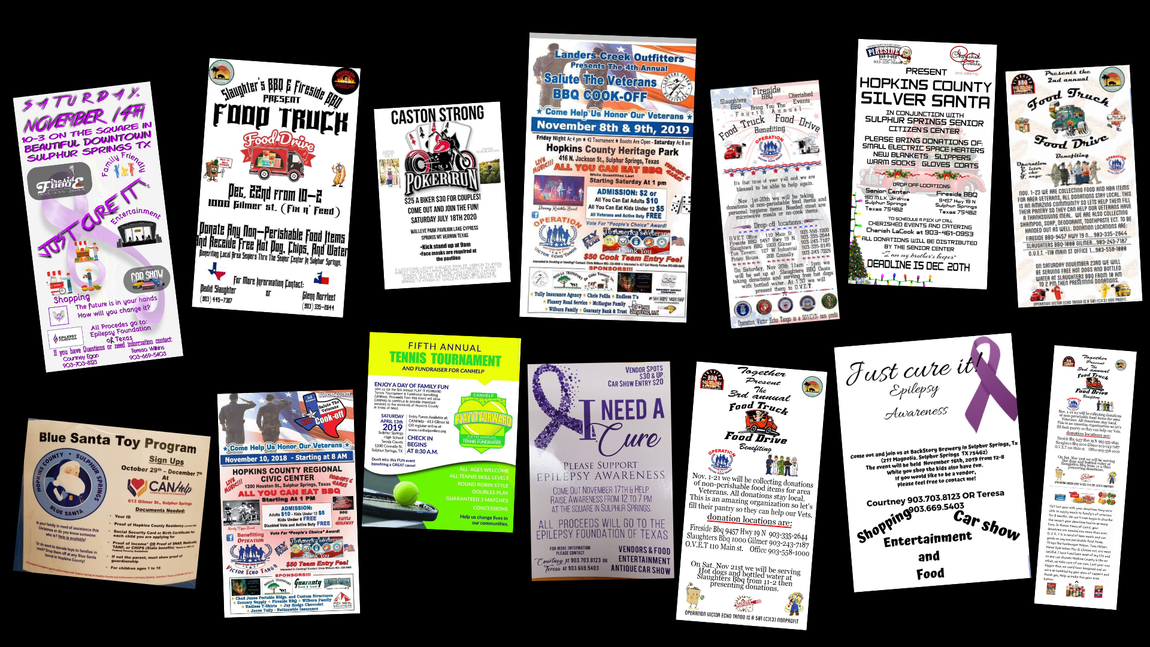 A bunch of flyers on a black background one of which says food truck