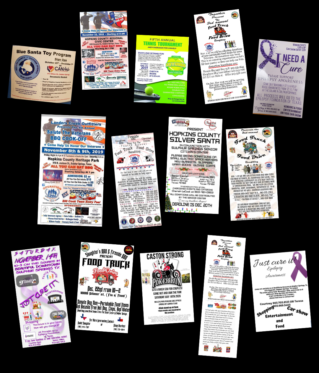 A bunch of flyers are lined up on a black background
