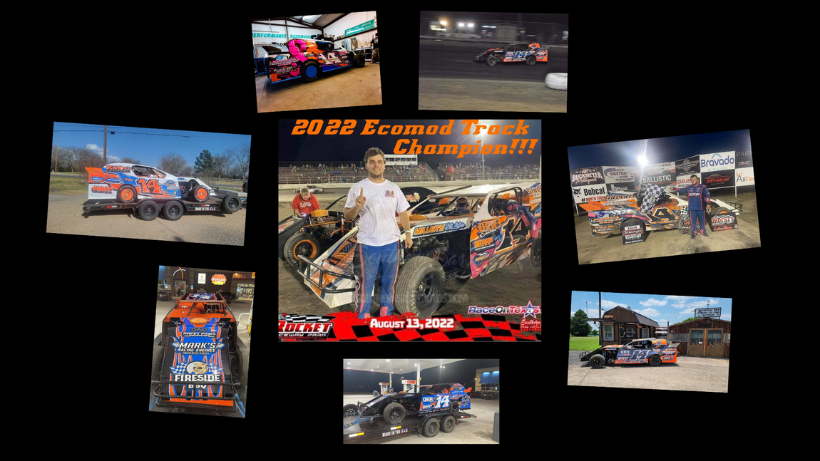 A collage of photos of a man standing in front of a race car.
