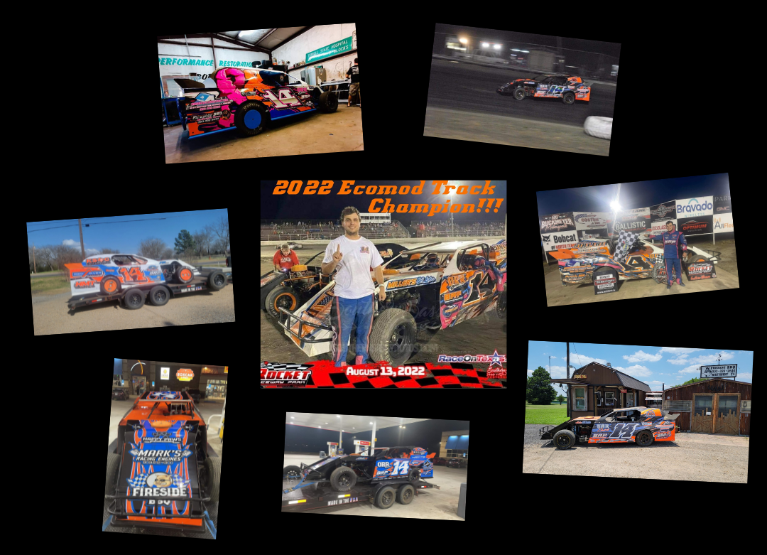 A collage of photos of a man standing on top of a race car.