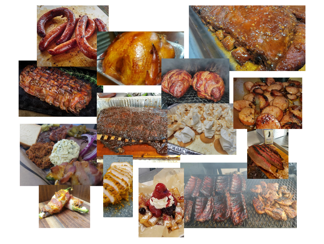 A collage of pictures of different types of food on a white background.