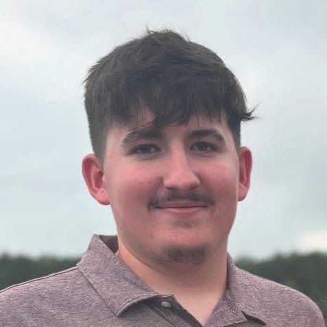 A young person with short, dark hair and a light mustache wearing a mauve polo shirt outdoors against a cloudy sky.