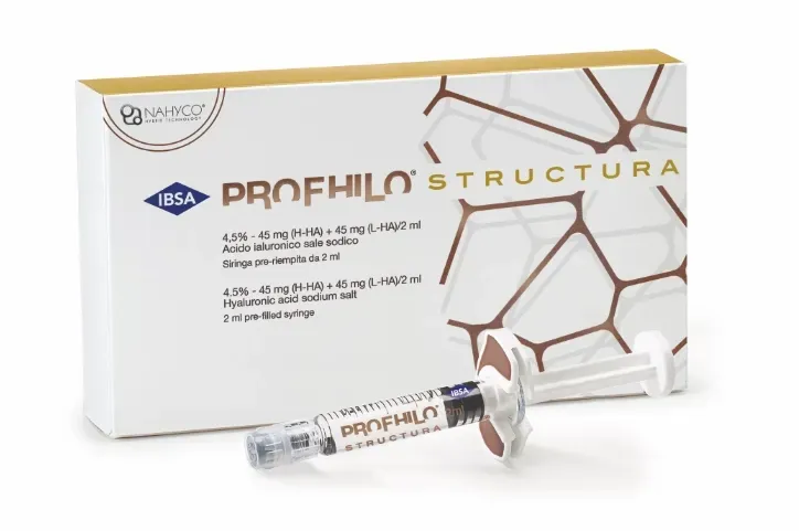 Een doos en een voorgevulde spuit met het esthetische injectieproduct Profhilo Structura voor verbetering vet