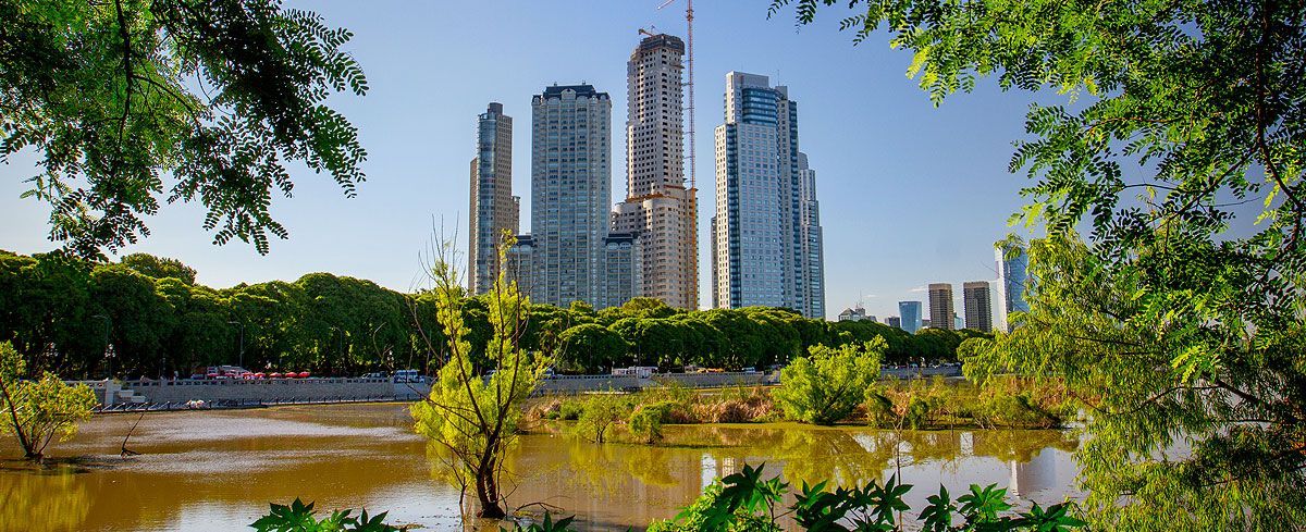 El horizonte de una ciudad con un lago en primer plano y árboles al fondo.