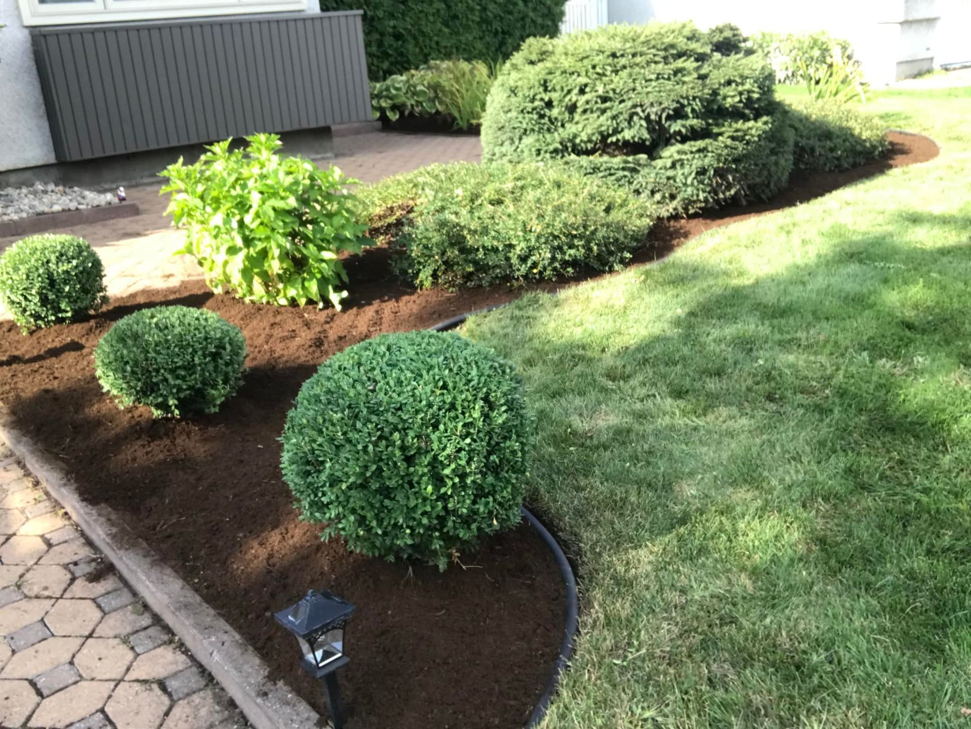 Une pelouse verdoyante avec une allée en brique et des buissons