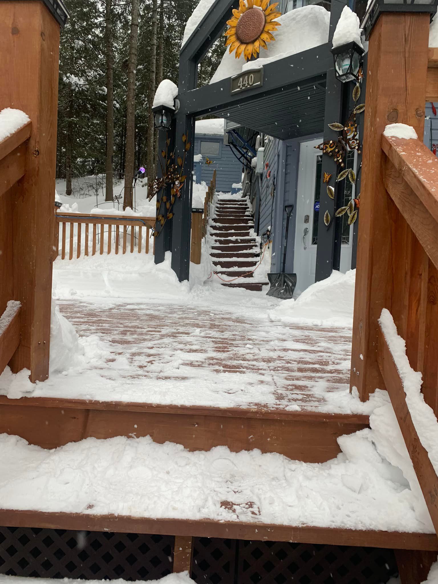 Une terrasse enneigée avec un tournesol dessus