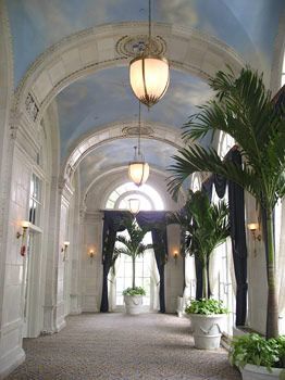 A long hallway with a blue ceiling and lots of potted plants