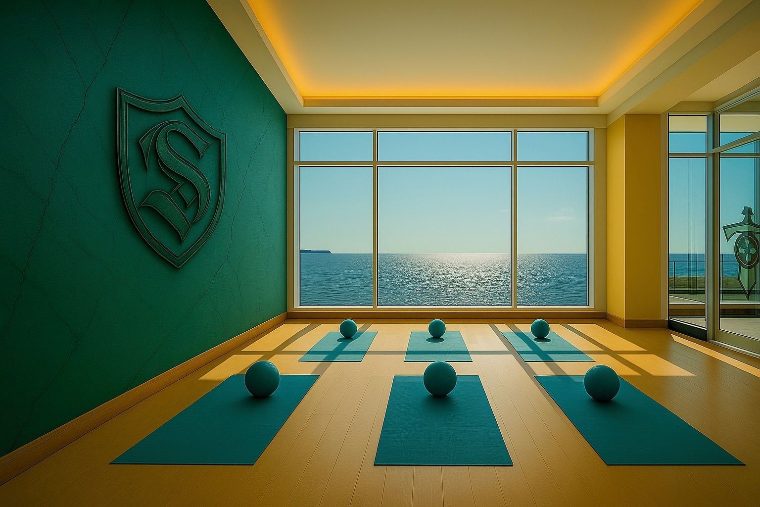 An artist 's impression of a yoga studio with a view of the ocean.