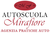 Logo for Autoscuola Mirafiore, with text on a maroon oval: