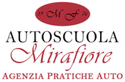 Logo for Autoscuola Mirafiore, with text on a maroon oval: