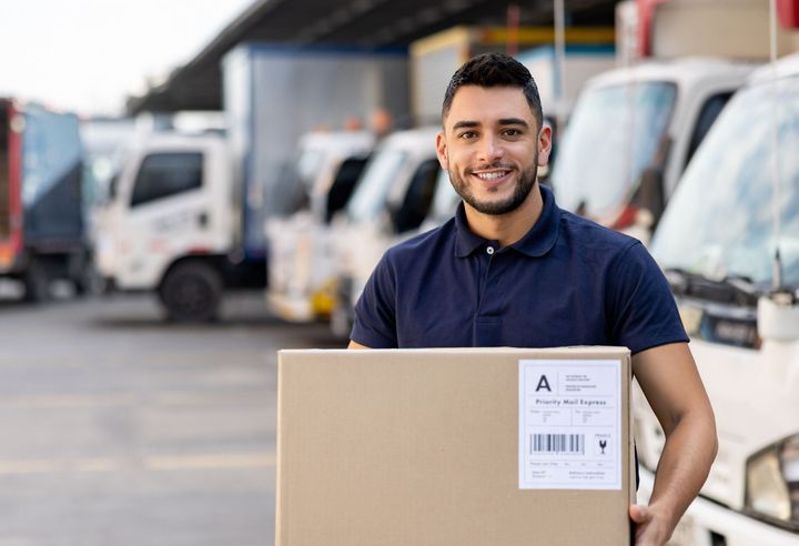 Un fattorino sorride e tiene in mano un pacco vicino a una fila di camion.