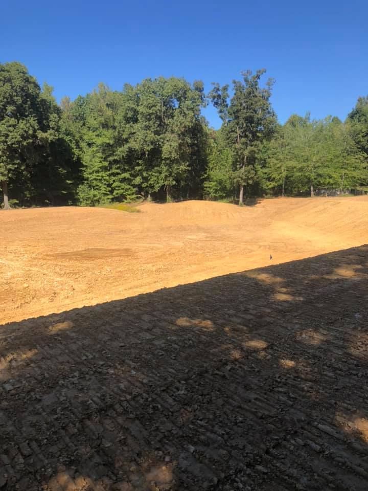 A large, cleared area of orange dirt slopes upward toward a line of green forest trees under a bright blue sky.