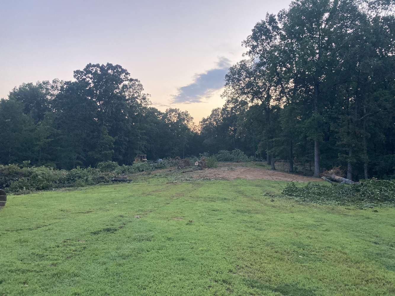 A grassy field leads to a wooded area with a recently cleared patch of land under a hazy sunset sky.