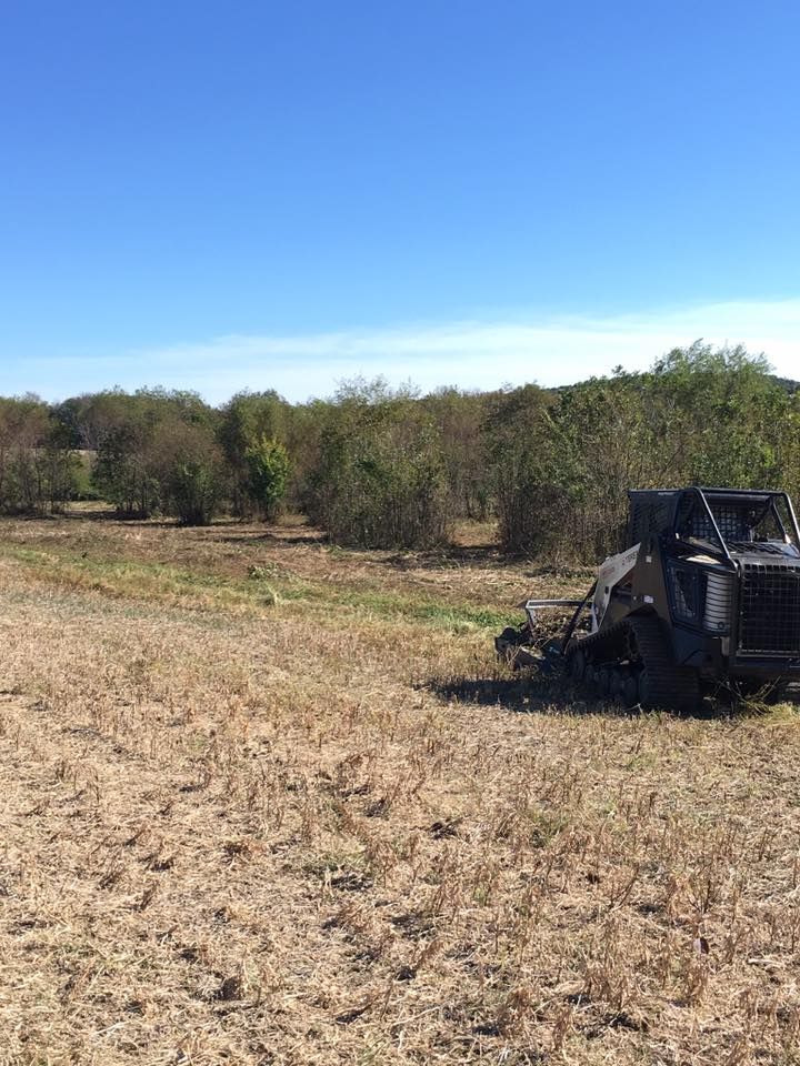 A yellow excavator works near a pile of brush that is actively burning in a cleared field bordered by trees.