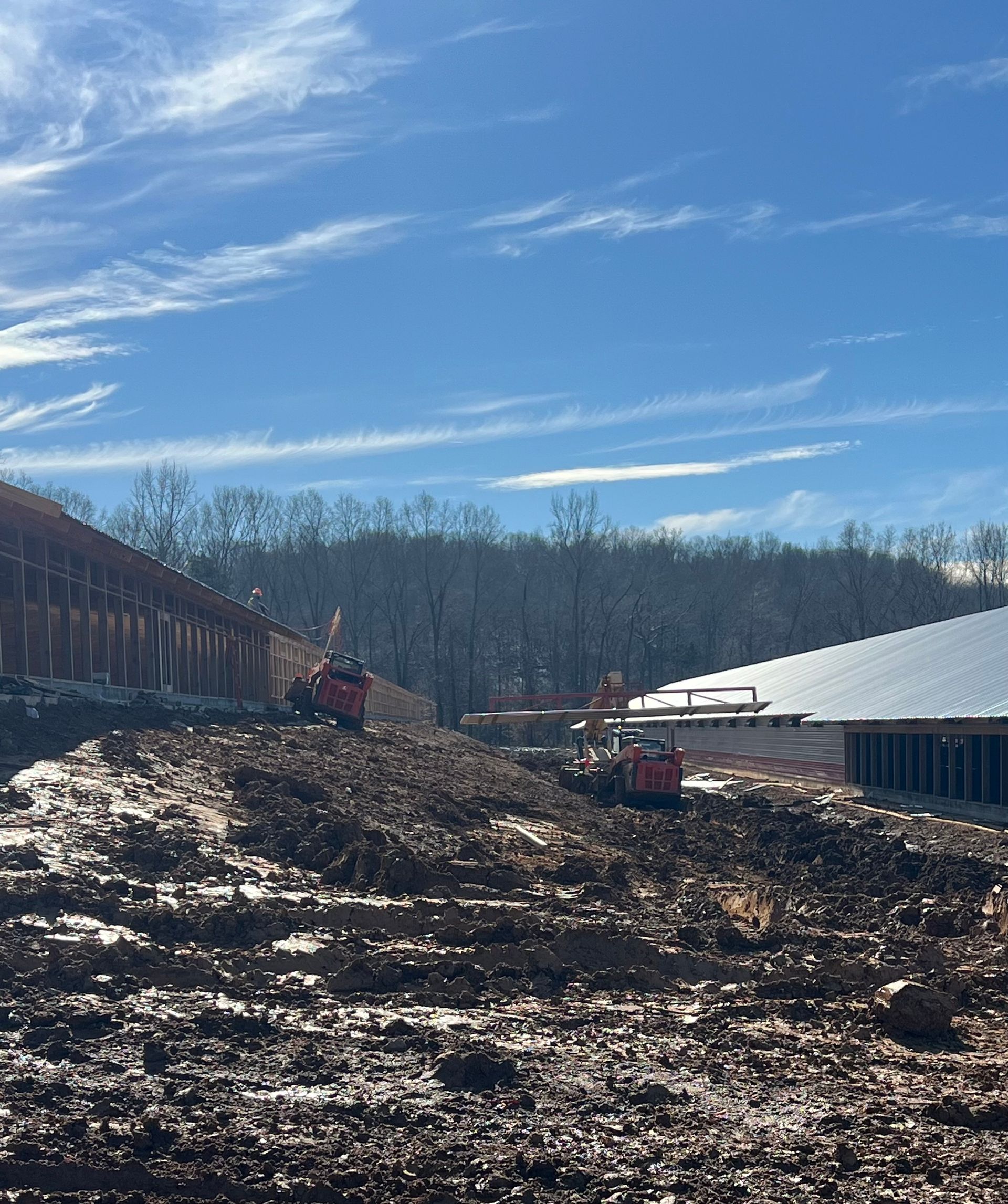 Two red construction vehicles grade a muddy, uneven work site between two buildings under a bright blue sky.