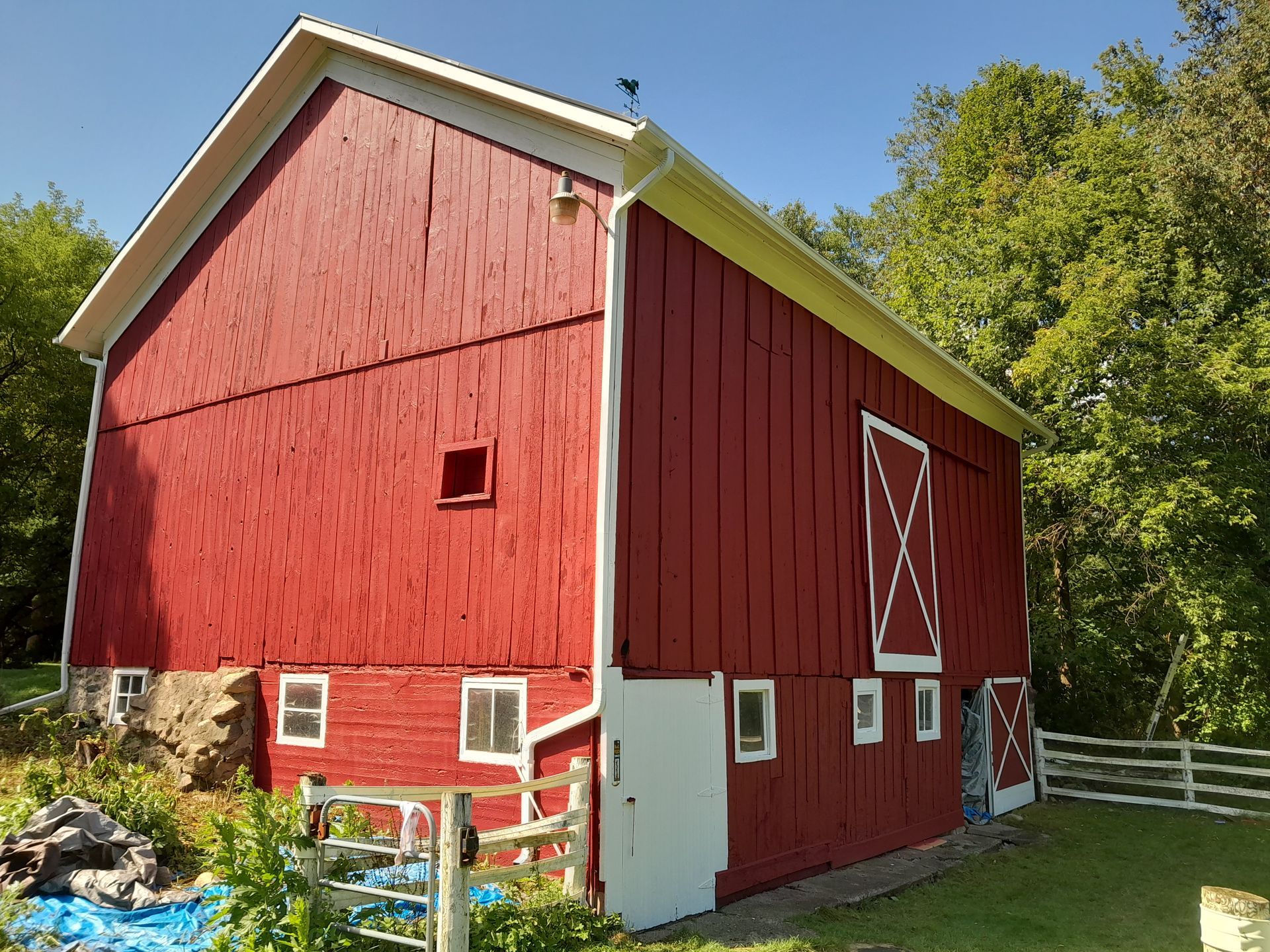 A large red barn with a white roof is surrounded by trees