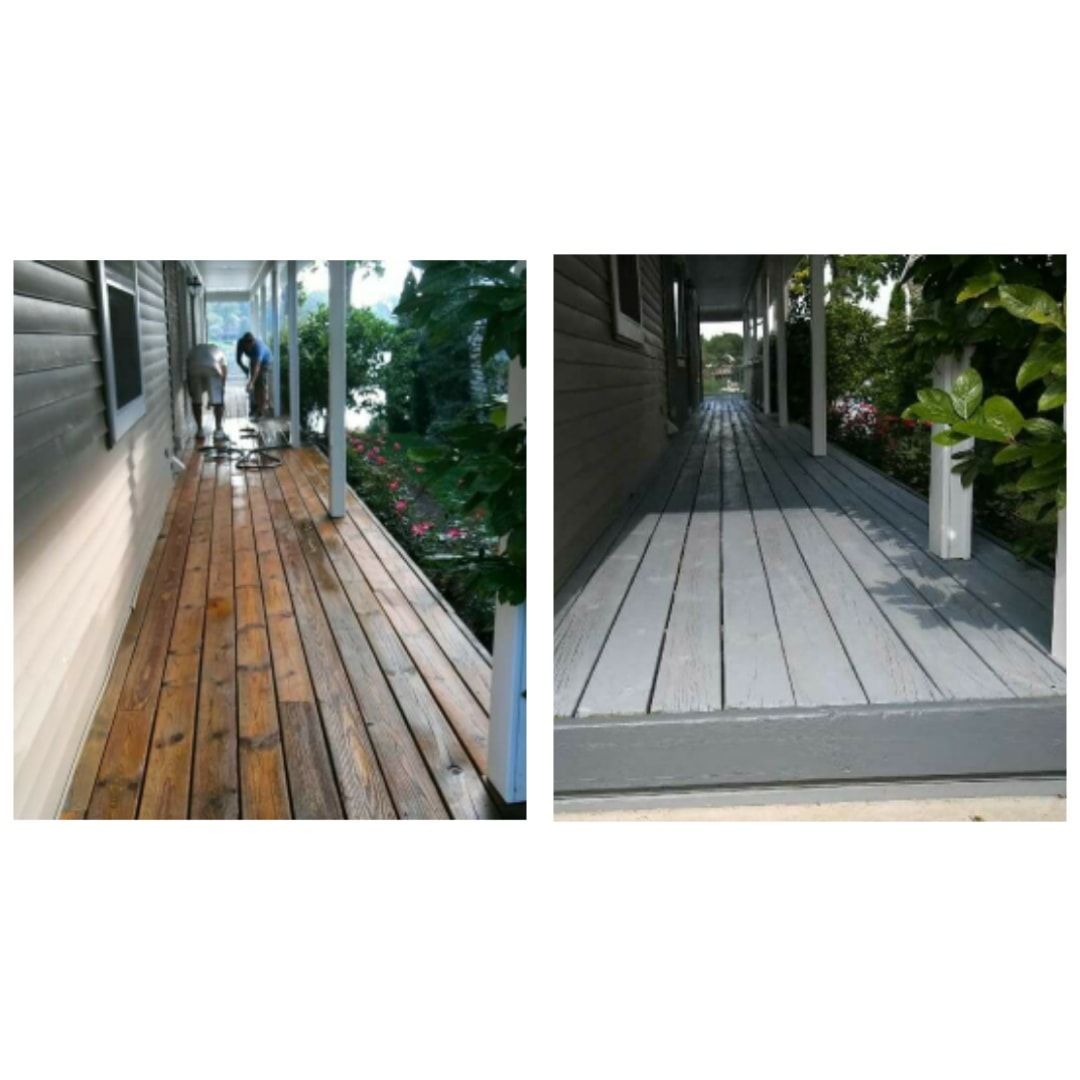 A before and after picture of a wooden deck