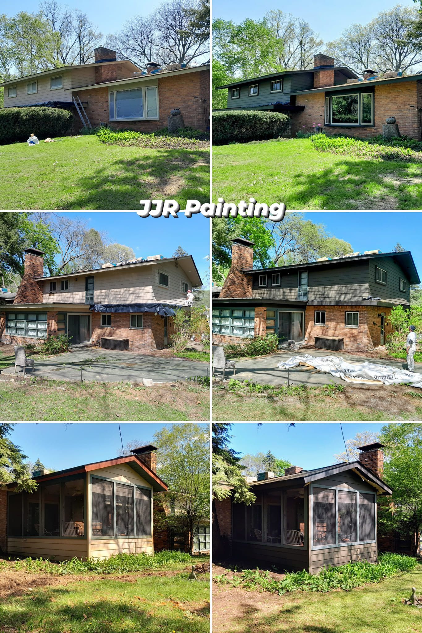 A collage of pictures of a house before and after being painted.