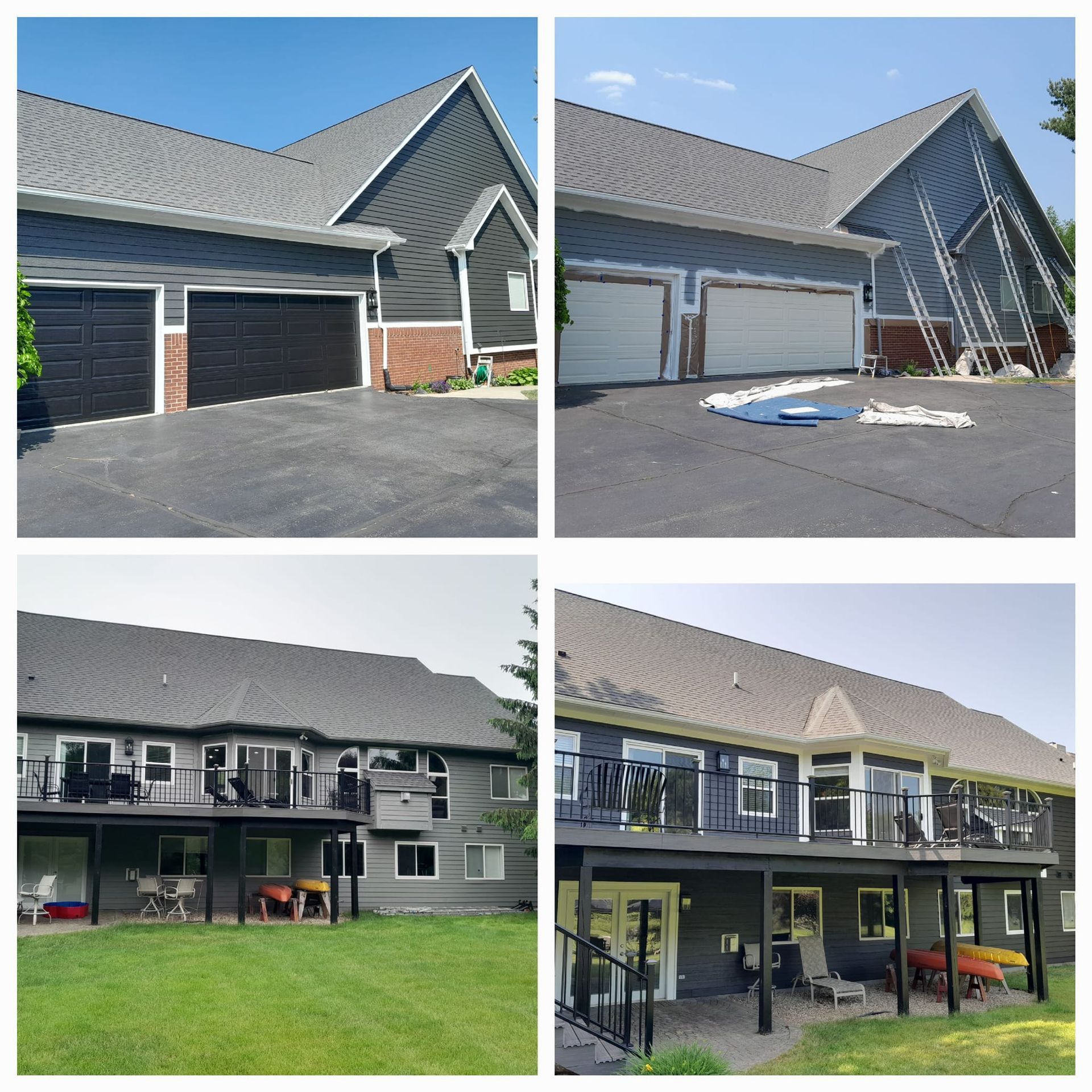 A collage of four pictures of a house before and after being painted