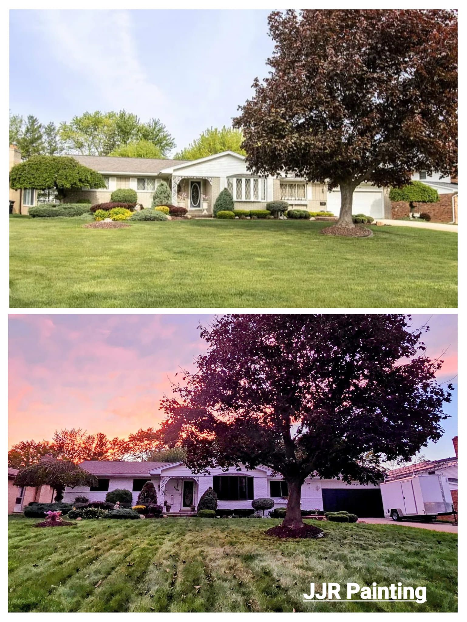 A before and after picture of a house and a tree.