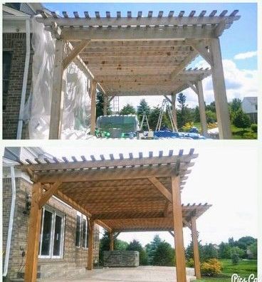 A pergola is being built on the side of a house.