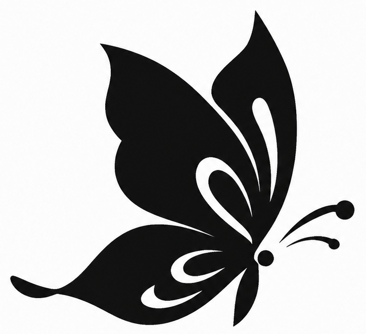Silhouette di farfalla nera con volute decorative e antenne su sfondo bianco.