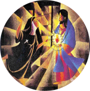Two figures facing a bright glowing center, one in dark robes and one in blue and red within a circular abstract scene