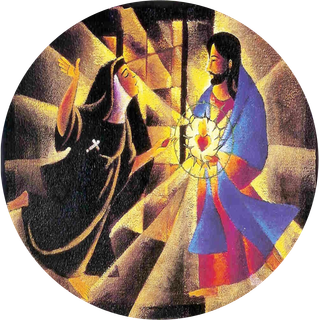 Two robed figures facing a glowing heart-shaped light in a circular abstract painting
