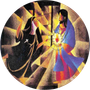 Two figures facing a bright glowing center, one in dark robes and one in blue and red within a circular abstract scene