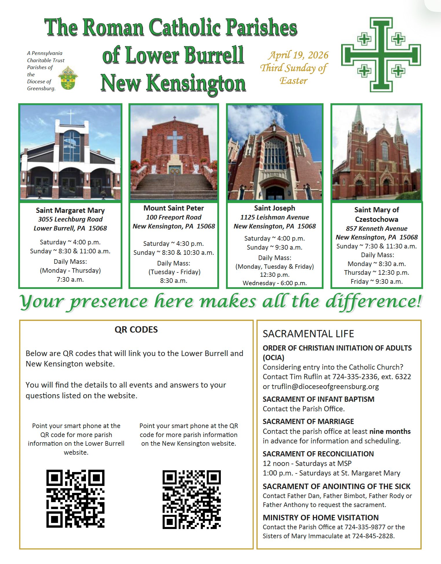 Flyer for Roman Catholic Parishes of Lower Burrell and New Kensington with church photos and service information