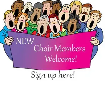 Choir members holding a purple sign that says “New Choir Members Welcome! Sign up here!”