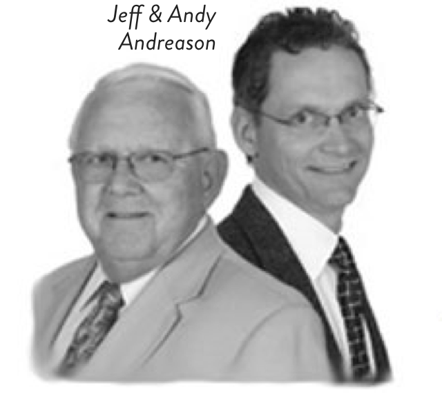 a black and white photo of two men named jeff and andy andreason