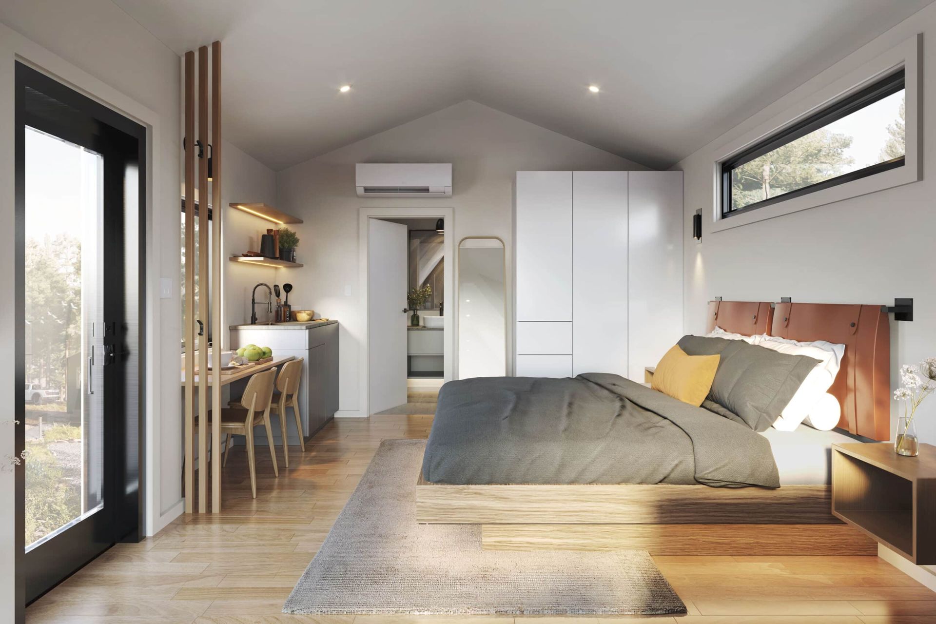 There is a large bed in the middle of the room.