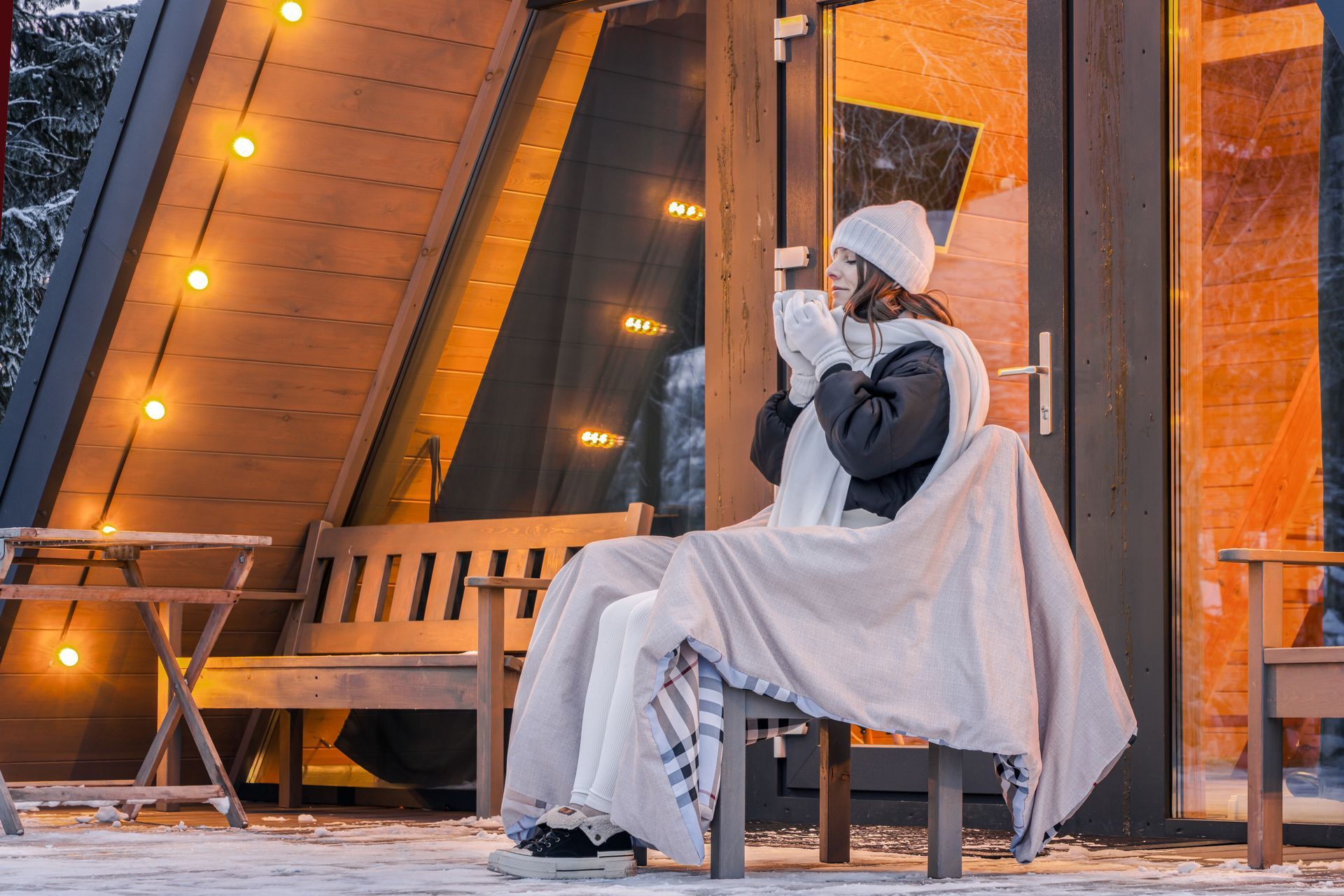 Person wrapped in a blanket, seated on a chair, drinking from a mug, in front of a cabin, lit by string lights.