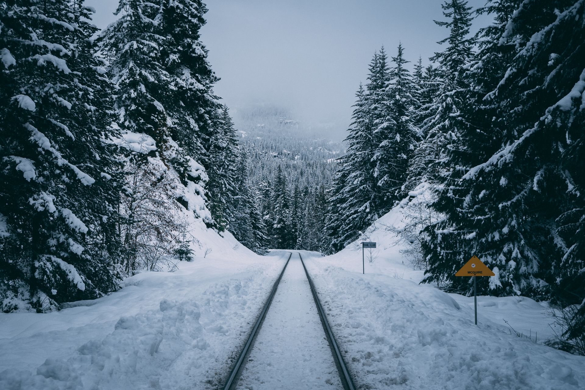 Snow-covered railway tracks disappearing into a winter forest; a yellow warning sign on the right.